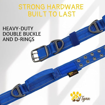 ADITYNA Heavy Duty Dog Collar for Large Dogs - Reflective Royal Blue Collar with Handle for Training, and Walking - Wide, Durable, Comfortable