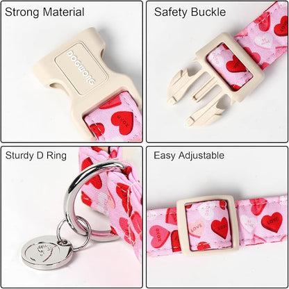 DOGWONG Valentine's Dog Collar - Pink Heart Adjustable Cotton Heart Dog Collar - Perfect for Extra Large Dogs
