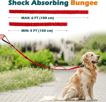 PetBonus Heavy Duty Tactical Dog Leash, 5 FT Bungee Shock Absorption Leash with 2 Padded Handles, Quick Release Metal Clip, Car Seatbelt, No Pull Training Lead for Large Medium Dogs（Red）