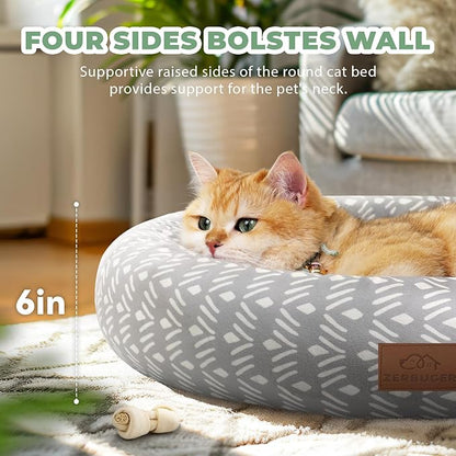 Zerbuger Cat Bed, 20In Dog Beds for Small Dogs, Calming Cat & Dog Beds for Indoor Pets, Pet Beds Comfortable Donut Round Ultra Soft (Grey Pattern, 20.0" L x 20.0" W x 6.5" Th)