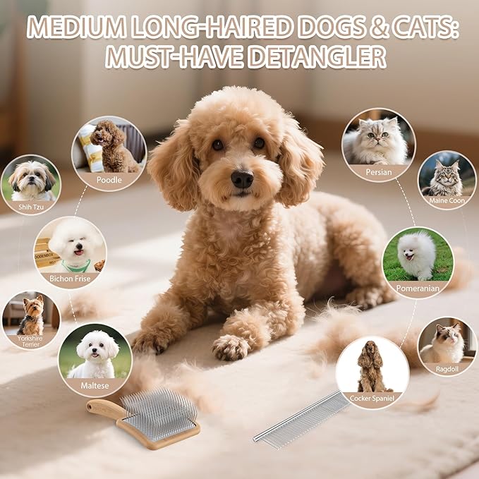 Large Slicker Brush for Dogs,Doodle Brush for Poodles, Goldendoodles, Labradoodle, Extra Long Pins for Detangling Matted Fur & Reducing Shedding, Dog Grooming Kit with Wooden Handle. Wood