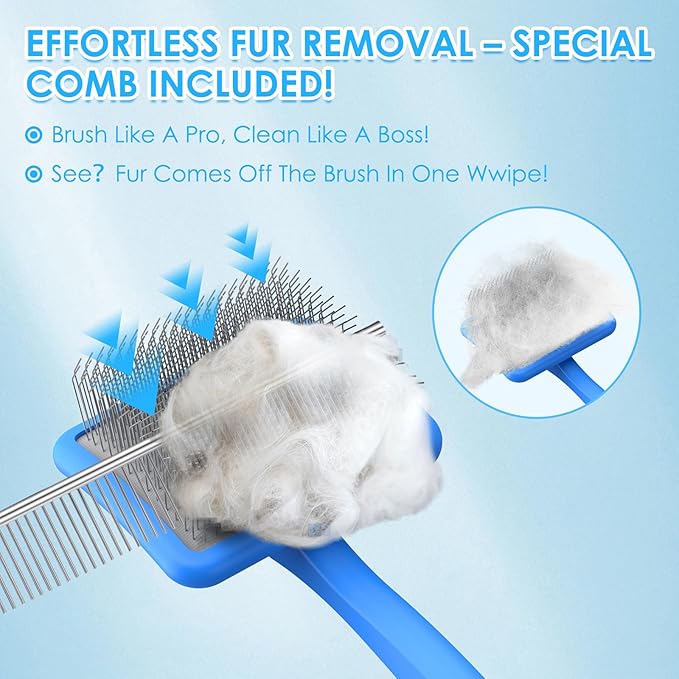 Large Slicker Brush for Dogs – 3pc Grooming Kit with Undercoat Rake & Comb, Deshedding Pin Brush for Mats & Shedding on Long-Haired & Double-Coated Dogs, Cats, Poodles & Goldendoodle, Blue