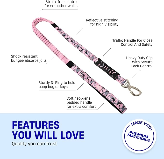 DF Co. Bungee Dog Leash | Strain Free & Shock Resistant for Control | Neoprene Padded Handle, Heavy-Duty Carabiner Clip, and D-Ring | Pink Camo, Size Regular