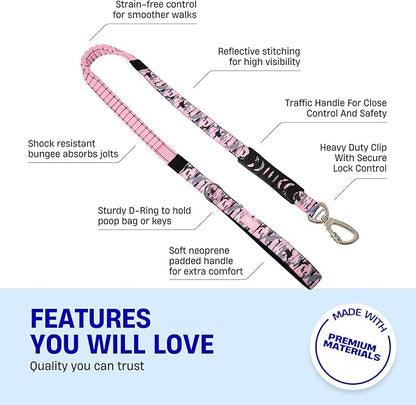 DF Co. Bungee Dog Leash | Strain Free & Shock Resistant for Control | Neoprene Padded Handle, Heavy-Duty Carabiner Clip, and D-Ring | Pink Camo, Size Regular