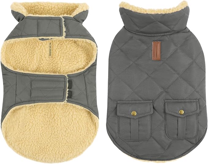 Queenmore Dog Winter Coat - Fleece Jacket, Waterproof Cold Weather Clothes, Thick Warm Cotton Padding, Easy On Storage Pockets (Grey, X-Large)
