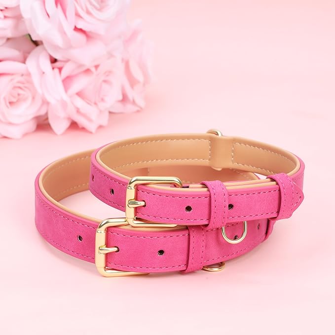 Leather Dog Collar for Small Medium Large Dogs, Soft Padded Dog Leather Collar with Heavy Duty Gold Buckle, Durable & Comfortable for Medium Dogs Daily Walking (Hot Pink, M)