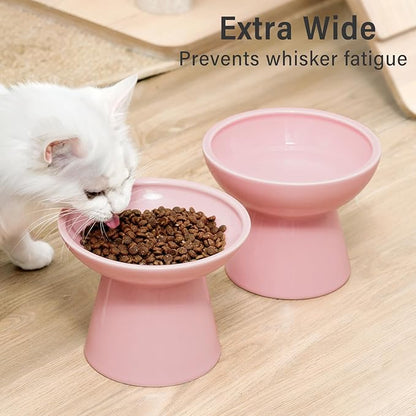 CEEFU 2 Elevated Cat Bowls Extra Wide for Food & Water – Whisker Fatigue, Ceramic Wide Shallow Food Dish, Lead & Cadmium Free, Raised Height for Cats, Pink