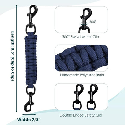PetBonus Dog Collar Safety Clip, Handmade Backup Safety Strap for Dog Harness, Prong, Pinch Collar, Double Ended Clasp Leash Connector (Navy Blue)