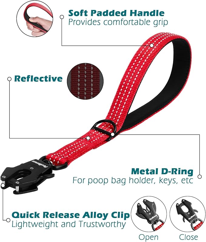 PetBonus Heavy Duty Short Dog Leash, 12 Inch Nylon Traffic Leash with Quick Release Clip, Comfortable Padded Handle, Reflective Training Lead for Medium Large Dogs (Red, 12")