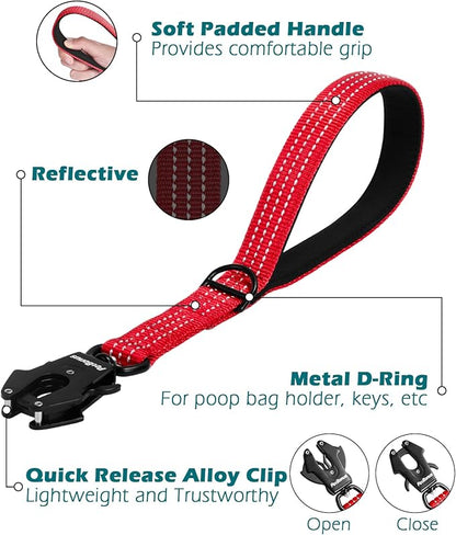 PetBonus Heavy Duty Short Dog Leash, 12 Inch Nylon Traffic Leash with Quick Release Clip, Comfortable Padded Handle, Reflective Training Lead for Medium Large Dogs (Red, 12")
