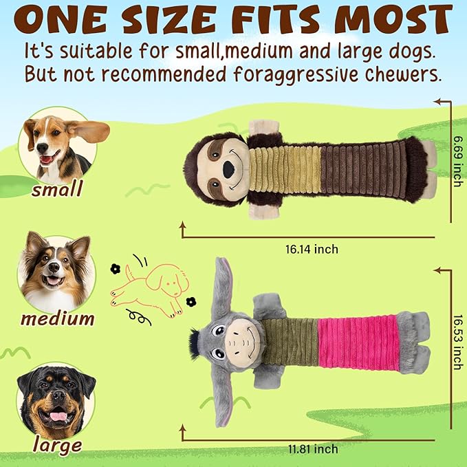 MeetYooo 2 Pack No Stuffing Dog Squeaky Toys,Dog Chew with Crinkle and Squeaker,Cute Animal Plush to Keep Them Busy, Suitable for Large, Medium and Small Breeds (Donkey&Sloth