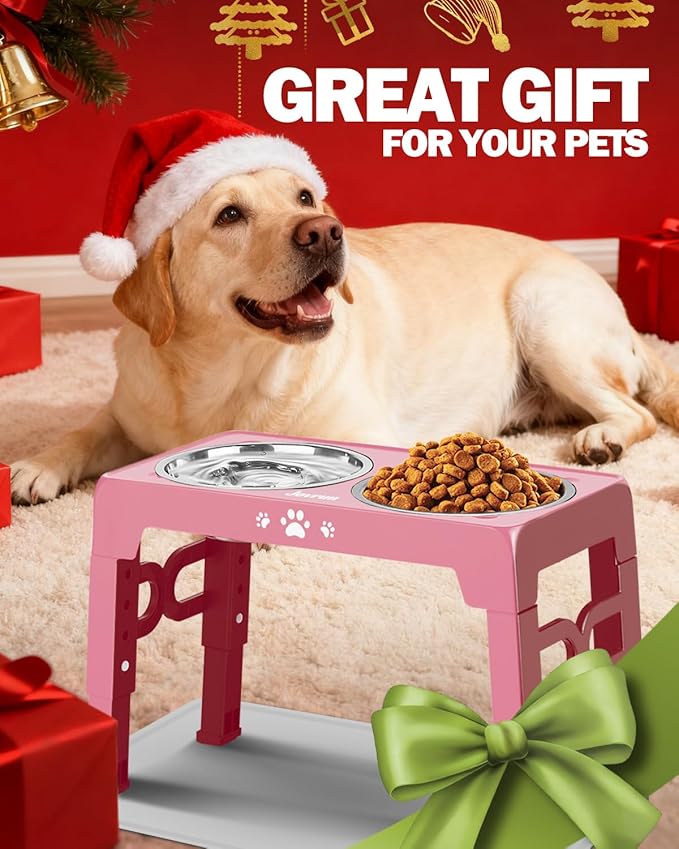 Elevated Dog Bowls, Dog Feeder with 1*Stainless Steel Dishes & 1*Slow Feeder Bowl, 5 Heights Adjustable Raised Stand for Medium Large, Food Dishes with Non-Slip Feet
