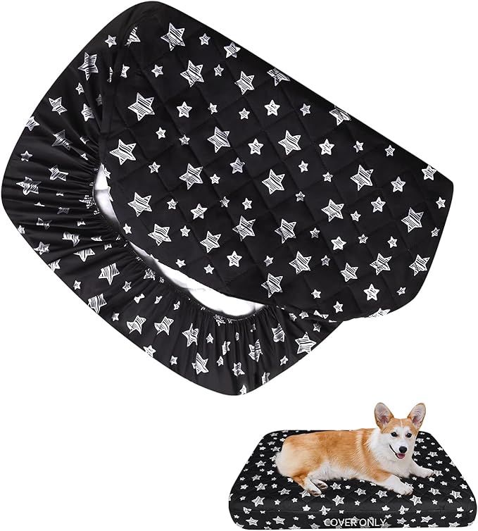 Waterproof Dog Bed Covers Replacement Washable Pet Hair Easy to Remove, Noiseless Quilted Puppy Pet Bed Cover Lovely Black Star Print 20x30 Inches, for Dog/Cat, Cover Only