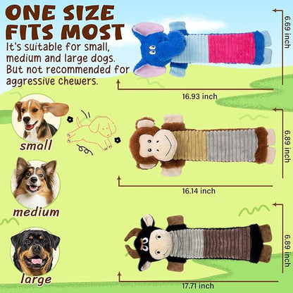 MeetYooo 3 Pack No Stuffing Dog Squeaky Toys, Dog Chew Toys with Crinkle and Squeaker, Cute Animal PlushToys to Keep Them Busy, Suitable for Large, Medium and Small Breeds （Elephant&Monkey&Cattle