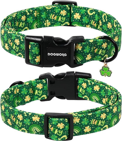 DOGWONG St Patrick's Dog Collar, Green Clover Pet Collar Cotton Shamrock Pet Collar Cute Puppy Collar Adjustable Pet Dog Collars for Large Dogs,XL