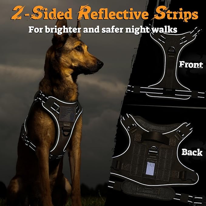 rabbitgoo Dog Harness for Large Dogs No Pull, Tactical Service Pet Vest with Molle and Control Handle, Adjustable and Reflective Military Harness for Easy Walking and Training, Brown, L