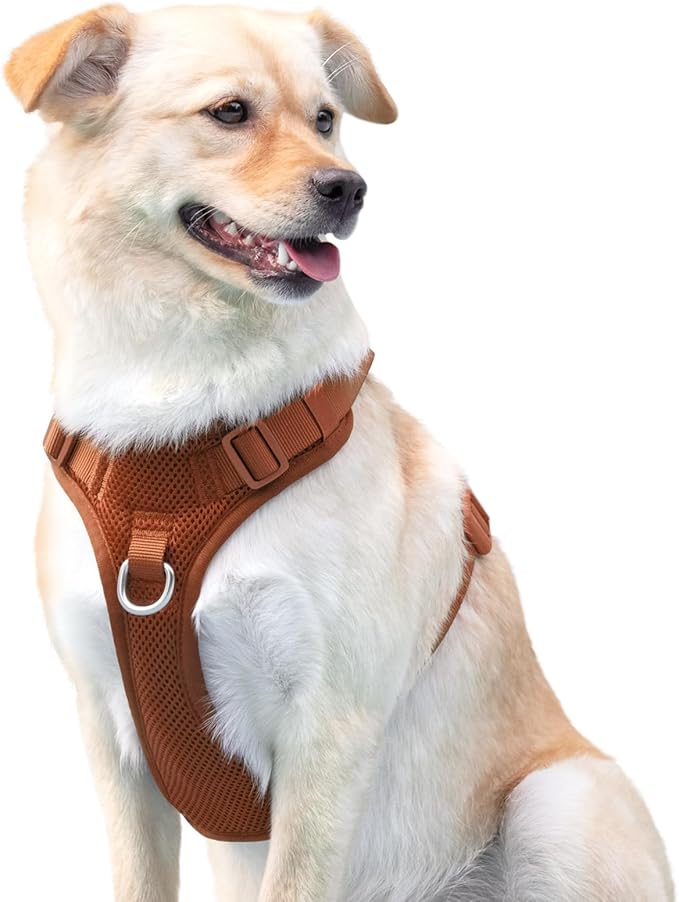 No Pull Dog Harness for Small Medium Large Dogs - Adjustable 2 Layer Mesh Dog Vest with Dual Clip, Escape Proof, Quick Release, Lightweight Breathable Mesh for Walking Hiking (Carmel Brown,XL)