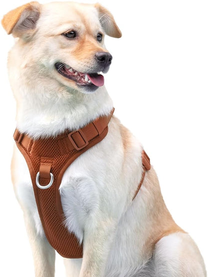 No Pull Dog Harness for Small Medium Large Dogs - Adjustable 2 Layer Mesh Dog Vest with Dual Clip, Escape Proof, Quick Release, Lightweight Breathable Mesh for Walking Hiking (Carmel Brown,M)