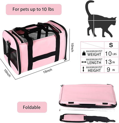 Cat Carrying Case - Pet Carrier Airline Approved, Protable and Breathable Pet Travel Carrier Removable Fleece Pad, Collapsible Cat Carrier Dog Carrier for Medium Cats Small Cats Dogs (Small, Pink)