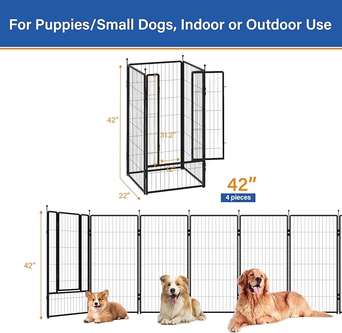 PETREEK Dog Playpen 42 inch 4 Panels for Indoor & Outdoor Use – Heavy-Duty Metal Pet Fence with Ground Stakes, Rounded Ball Tops for Safety, Stable & Foldable Design, Easy to Assemble