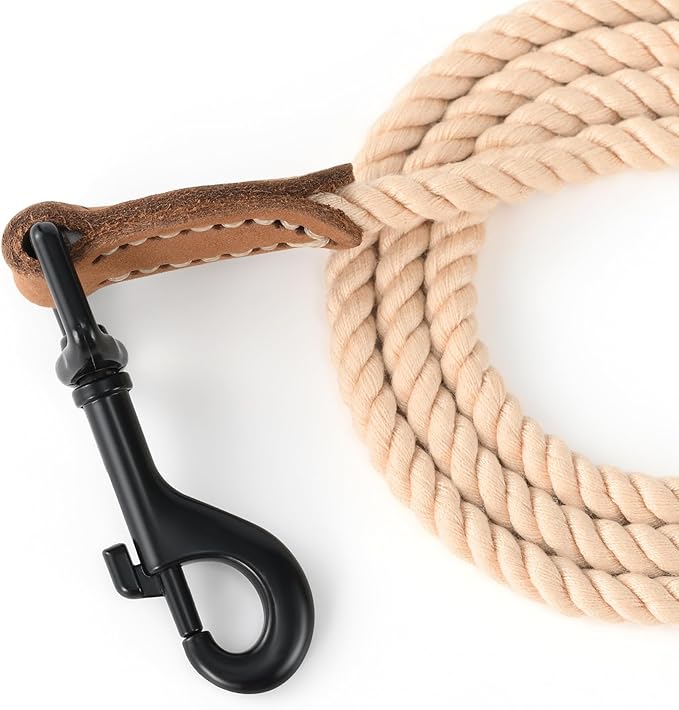 Mile High Life Dog Leash, Braided Cotton Rope Leashes with Leather Tip - Heavy Duty Metal Clasp, 6FT, 1/3" Thick - Wedding, Walking Leash for Small Medium Dogs(Light Brown)