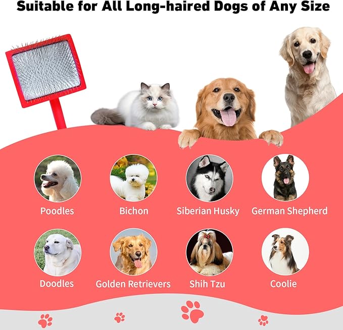 Dog Slicker Brush & Stainless Steel Comb Set for Shedding & Grooming Medium & Large Long or Thick Coated Dogs, Doodles & Cats, 1 Inch Pin Slicker Brush with Ergonomic Wooden Handle, Red