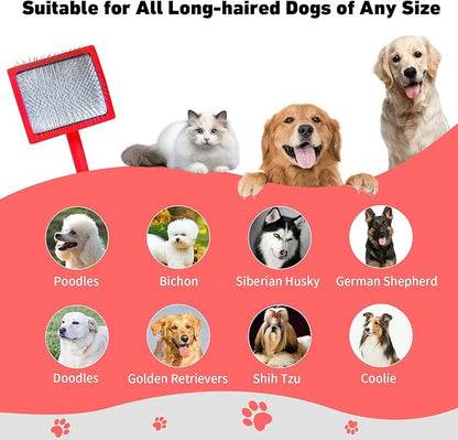 Dog Slicker Brush & Stainless Steel Comb Set for Shedding & Grooming Medium & Large Long or Thick Coated Dogs, Doodles & Cats, 1 Inch Pin Slicker Brush with Ergonomic Wooden Handle, Red