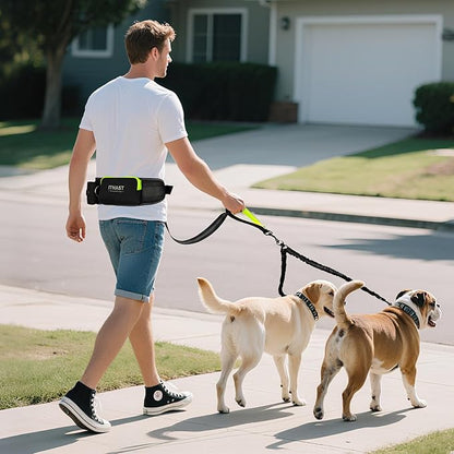 Hands Free Dog Leash for 2 Dogs, Waist Support Padded Bungee Dog Running Leash with Reflective Stitching for Walks, Jogging, Running, Hiking, and Dog Training
