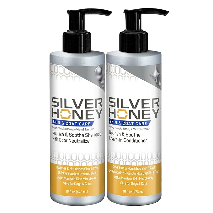 Silver Honey Nourish & Soothe Grooming Combo Pack, 16 fl oz each of Odor Neutralizer Shampoo + Leave-In Conditioner, Dog & Cat Skin & Coat Care, Natural Manuka Honey + MicroSilver BG, Pump Bottles