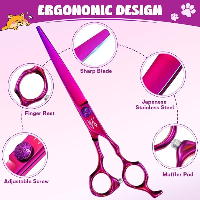 JASON Dog Grooming Scissors Set - Professional 6 in 1 Dog Shears Set - 7" Chunker, 7" Straight, 7" Up-Curved, 7" Down-curved Scissors and Comb for Cat Pet with Adjustable Screw Christmas Gift