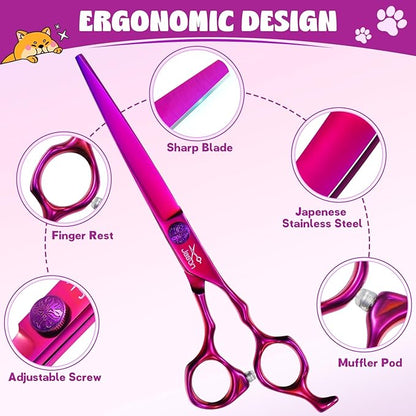 JASON Dog Grooming Scissors Set - Professional 6 in 1 Dog Shears Set - 7" Chunker, 7" Straight, 7" Up-Curved, 7" Down-curved Scissors and Comb for Cat Pet with Adjustable Screw Christmas Gift