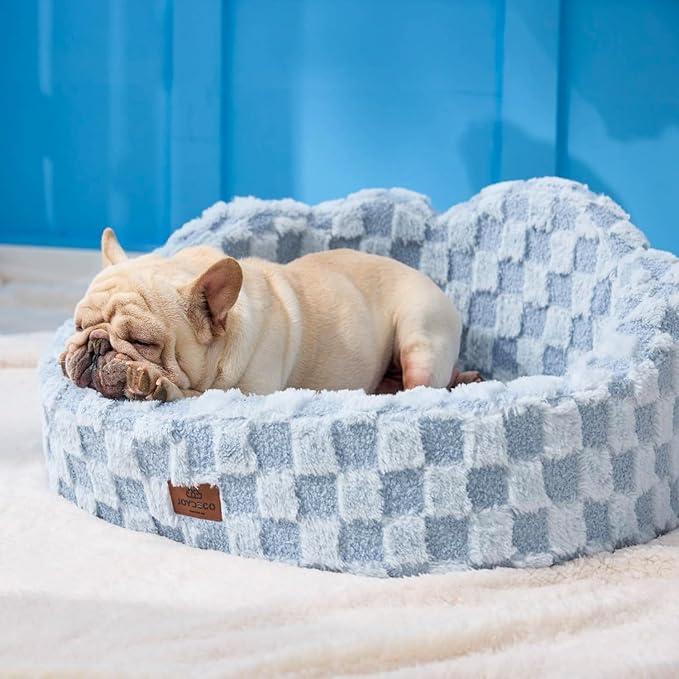 Joydeco Cloud Dog Bed for Small Dogs & Cats, Washable Pet Bed with Orthopedic Foam and Removable Checkered Plush Pad, Non-Slip Bottom for Indoor Puppies and Kittens, 27x24 Inch, Light Blue