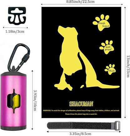 Metal Dog Poop Bag Holder w/Leash Clip|Durable Scratch-Resistant Aluminum|15 Bags+3 Accessories(Pink)