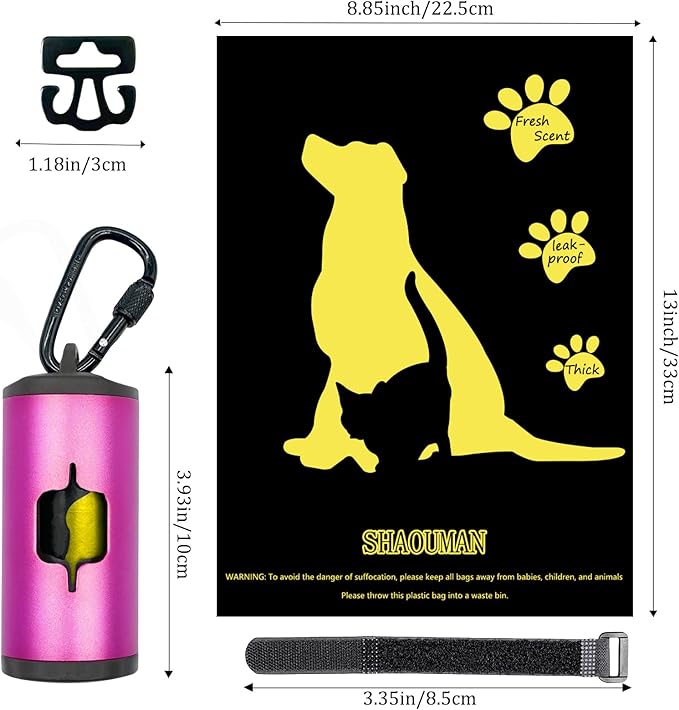 Metal Dog Poop Bag Holder w/Leash Clip|Durable Scratch-Resistant Aluminum|135 Bags+3 Accessories(Pink）