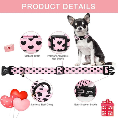 Unique Style Paws Valentine Dog Collar Plastic Buckle with Pendant Black Pink Love Heart Cotton Puppy Collars for Small Medium Large Dogs
