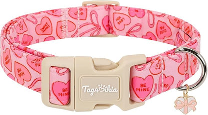 Valentines Dog Collar with Heart Bow Pattern, Adjustable Medium Dog Collar with Safety Buckle & Heart Charm, Spring Summer for Girl Boy Dogs-M