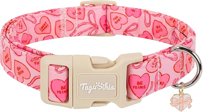 Valentines Dog Collar with Heart Bow Pattern, Adjustable Puppy Collar with Safety Buckle & Heart Charm, Spring Summer for Girl Boy Dogs-XS