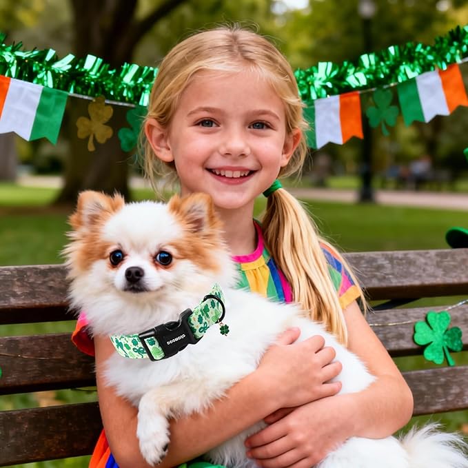 DOGWONG St Patrick's Day Dog Collar-Cute Green Clovers Dog Collar, Adjustable Cotton Shamrock Pet Collar Trefoil Puppy Collars with Quick Release Buckle,M