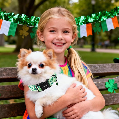 DOGWONG St Patrick's Day Dog Collar-Cute Green Clovers Dog Collar, Adjustable Cotton Shamrock Pet Collar Trefoil Puppy Collars with Quick Release Buckle,M