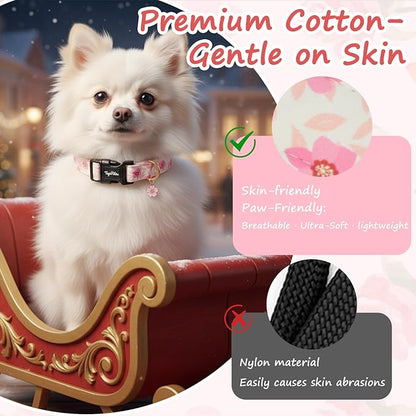 Dog Collar with Pink Cherry Blossom Patterns, Spring Summer Collection Dog Collar with Exquisite Pendant, Durable Adjustable Collars for Gifts & Daily Use-M