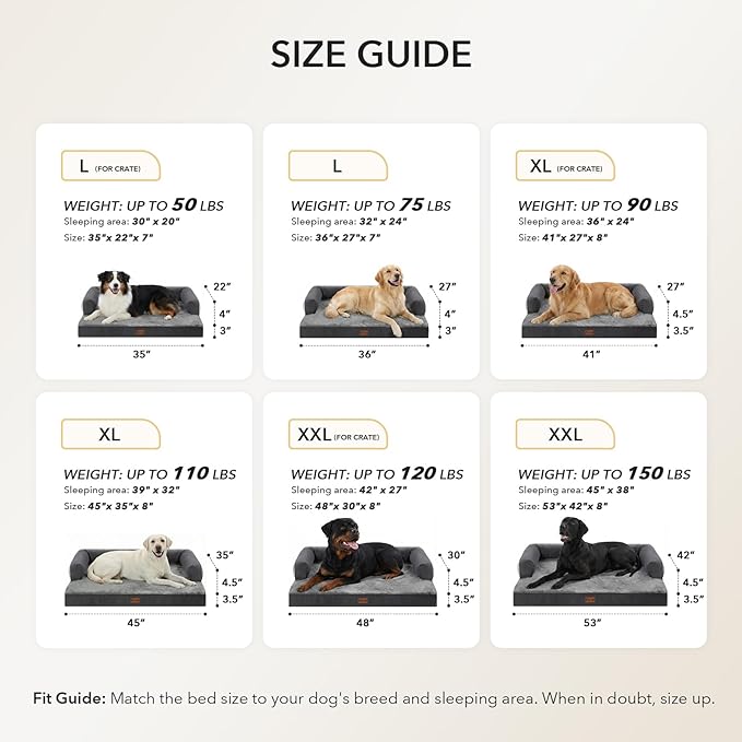 Casa Paw Orthopedic Dog Beds for Large Sized Dogs, Waterproof Egg Crate Foam Medium Dog Couch Beds for Crate 35x22Inch, Washable Pet Beds with Removable Cover and Nonskid Bottom, Dark Grey