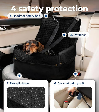 Wagora Dog Car Seat for Small Medium Dogs, Travel Pet Car Bed with Removable Waterproof Cover, Memory Foam Dog Booster Seats Up to 35 lbs, Safety Belt and Storage Pocket(Black)