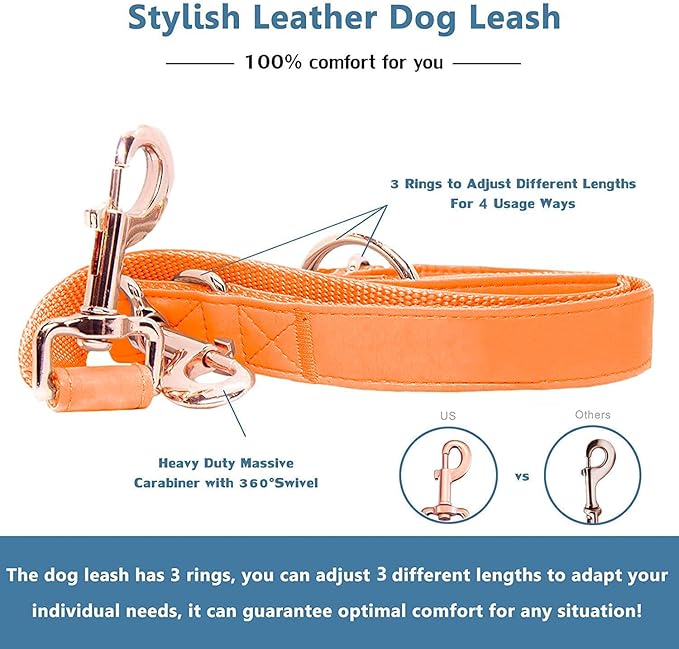 Soft Leather Dog Collar and Leash (6.6') Set - Stylish Rose Gold Heavy Duty Metal Buckle, 4 Adjustable Lengths Leash for Small Medium Large Dogs - Comfortable & Easy to Clean Orange XS(8"-12")