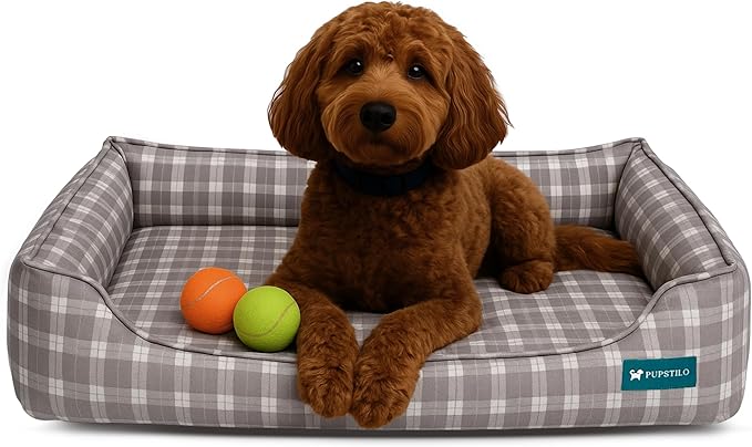 Pupstilo Orthopedic Bolster Dog Bed – CertiPUR-US Foam, Recycled Polyester Canvas, Washable Cover, Anti-Slip Bottom, Medium, Grey Plaid – Stylish Designer Dog Sofa