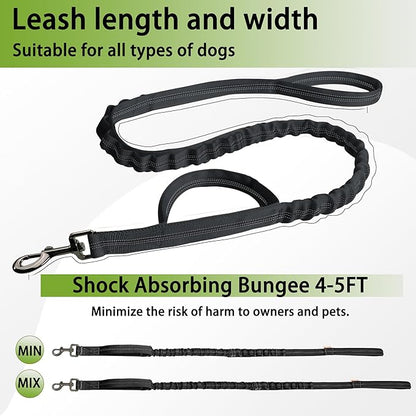 FOVRLZSE Reflective Heavy Duty Bungee Dog Leash - 4FT to 5FT Adjustable Shock Absorbing Leash with Double Padded Handle & 360° No Tangle Metal Clasp for Small Medium Large Dogs (Black)