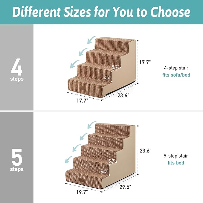 COZY KISS Dog Stairs for Small Dogs, 17.7" Extra Wide Right-Angle Pet Stairs for Couch and Beds, Anti-Slip Dog Steps for Old Cats and Lowrider, 17.7x23.6x17.7 inch,Light Brown