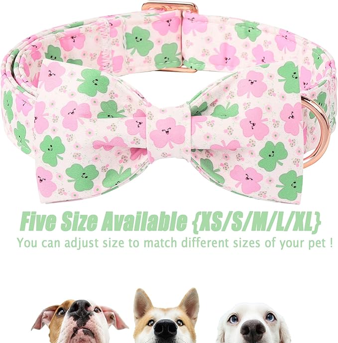 St Patricks Day Dog Collar with Bow Tie - Cotton Pink Green Clover Bowtie Dog Collar Adjustable Heavy Duty Holiday Dog Collars for Small Medium Large Dogs L