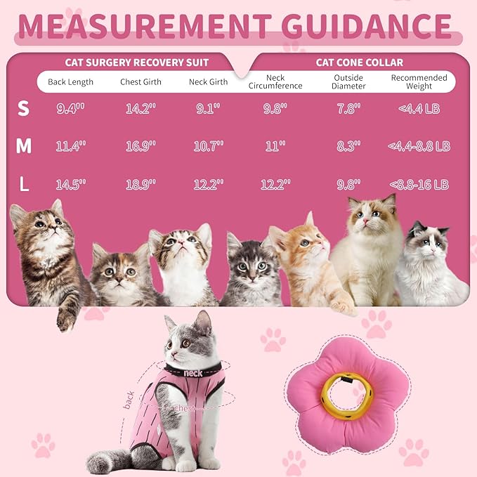 EMUST 2PCS Cat Recovery Suit, Cat Surgery Suit for Abdominal Wounds, Adjustable Flower Neck Cone Collar Soft, Cats Onesie After Surgery for 4-8lb(Pink, M)