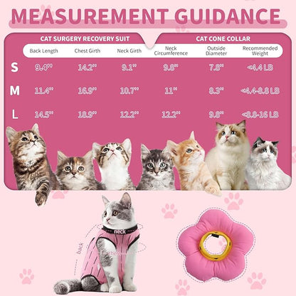 EMUST 2PCS Cat Recovery Suit, Cat Surgery Suit for Abdominal Wounds, Adjustable Flower Neck Cone Collar Soft, Cats Onesie After Surgery for 4-8lb(Pink, M)