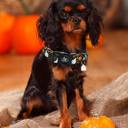 Elegant little tail Halloween Dog Collar, Pumpkin with Ghost Print Black Halloween Pet Collars Cotton Soft Sturdy Puppy Collars Holiday Female Adjustable Collar for Large Dogs